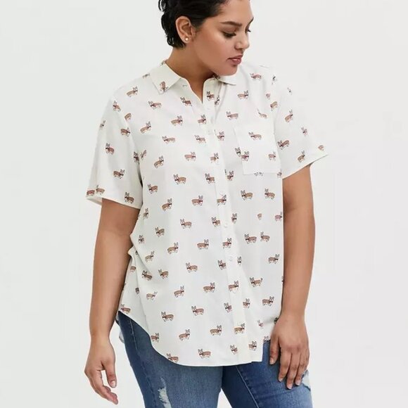 Torrid Plus Size White Corgi Print Stretch Challis Button-Front Shirt Size 3X - Picture 1 of 13